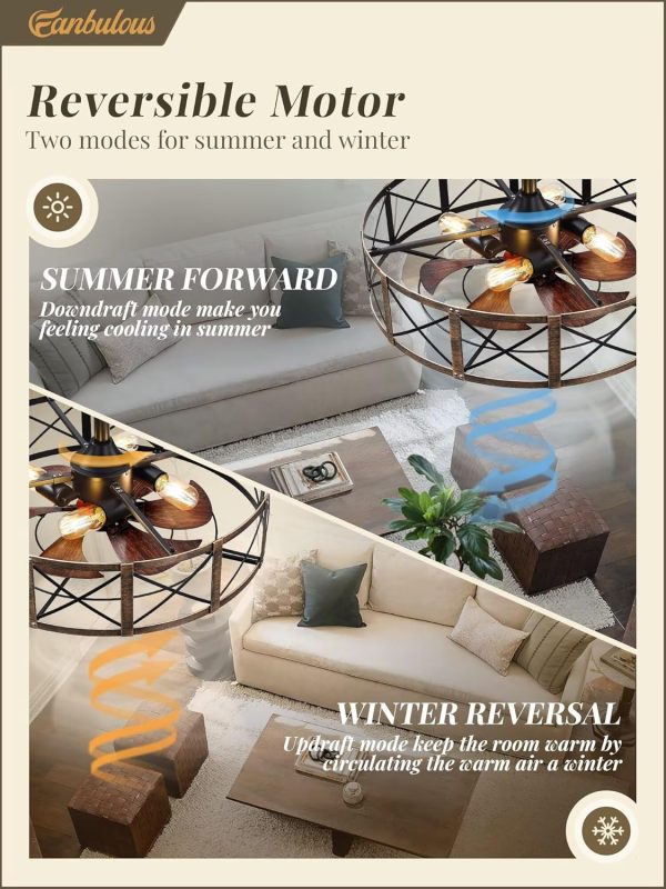 23 Inch Fandelier Caged Ceiling Fans with Lights and Remote, Black Farmhouse Ceiling Fan, Bladeless Samll Fan Lights Ceiling Fixtures for Kitchen, Bedroom-Black and Gold