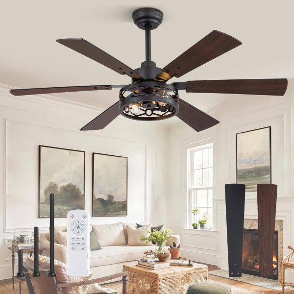 50 Inch Ceiling Fan with Lights, Farmhouse Caged Ceiling Fans with Remote, Black Industrial Ceiling Fans with Quiet Reversible DC Motor, Small Ceiling Fan for Living room, Bedroom