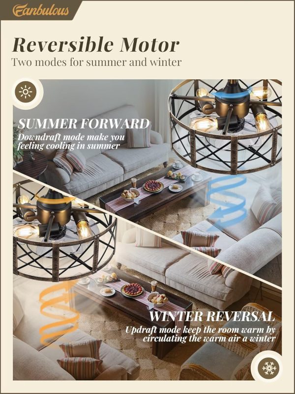 16in Caged Ceiling Fans with Lights and Remote, Black Fandelier Ceiling Fan with 6 Speeds and Timing, Farmhouse Samll Fan Lights Ceiling Fixtures For Kitchen, Bedroom, Outdoor-Black and Gold