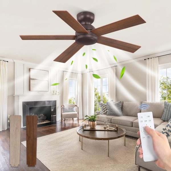 42 Inch Low Profile Ceiling Fan no Lights, Brown Farmhouse Ceiling Fan with Remote, 6-Speeds, Quiet Reversible DC Motor, Indoor/Outdoor Ceiling Fans with Remote for Bedroom, Patio, Living Room