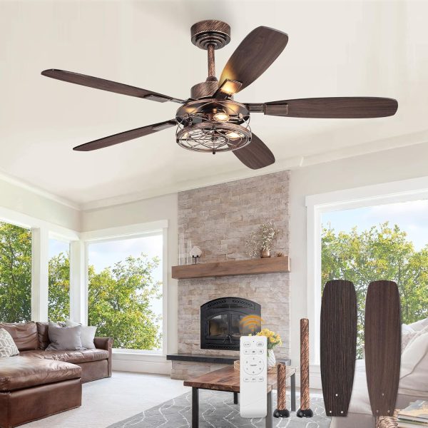 52 Inch Farmhouse Ceiling Fan with Light and Remote, Black and Gold Industrial Caged Ceiling Fans with 6 Speed Reversible Motor and Dual Finish 5 Blades, Rustic Ceiling Fan for Living Room, Bedroom