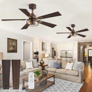 2 Pack Farmhouse 42 Inch Ceiling Fans with Lights, Industrial Caged Ceiling Fans for Bedroom Living Room, Double-Sided 5 Blades Rustic Ceiling Fan-Black Gold