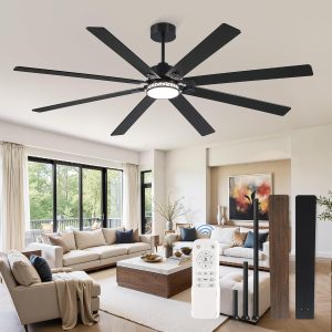 Modern Farmhouse 84 Inch Large Ceiling Fan, 6-Speed Reversible DC Industrial Ceiling Fans with Lights for Shop/Living Room/Covered Outdoor-Black