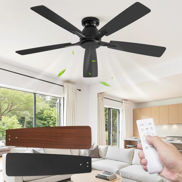 52 Inch Flush Mount Ceiling Fan No Light with Remote,Black Modern Low Profile Ceiling Fan Without Light,6-Speeds,Quiet Reversible DC Motor,Indoor&Outdoor Ceiling Fans for Bedroom,Living Room