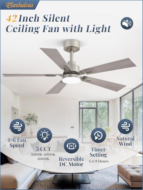 42 Ceiling Fans with Lights and Remote, Modern Low Profile Ceiling Fans with Dimmable 3CCT Quiet DC Motor, Reversible Celing Fan with 6-Speeds Timer for Bedroom, Nickel