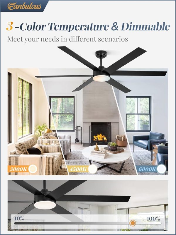 66 Inch Ceiling Fans with Lights and Remote, Reversible 6 Blades, Dimmable, 3000K-6000K Adjustable, Outdoor Ceiling Fans for Patios, Large Ceiling Fan for Indoor or Covered Outdoor, Black