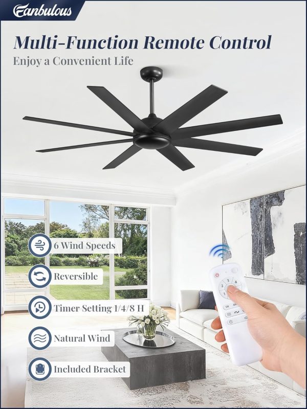 62 Inch Large Ceiling Fan no Light, Ceiling Fan Black with Remote, 6-Speeds, Quiet Reversible DC Motor, 8 Blades, Indoor/Outdoor Modern Ceiling Fans for Living Room, Garage, Patio