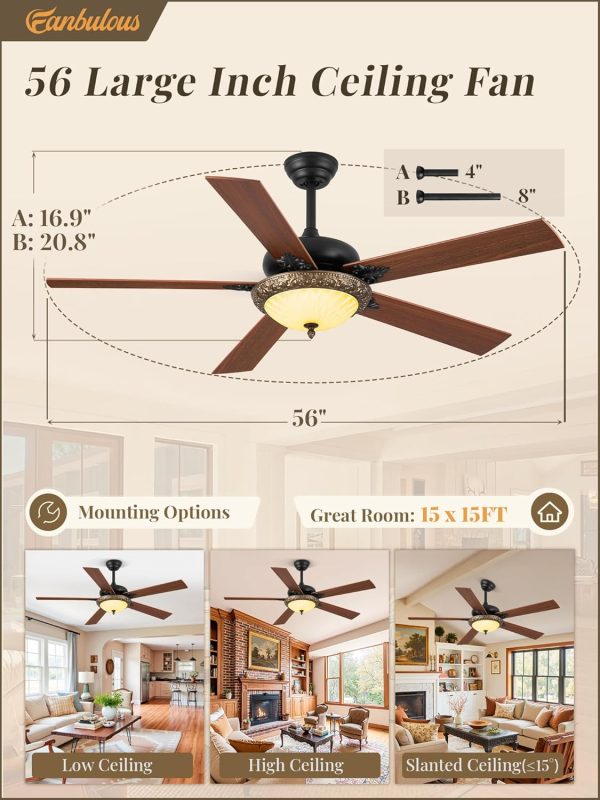 Ceiling Fans with Lights, Rustic Ceiling Fan with Dimmable LED Light, Remote/APP Control,5 Dual Finish Blades,6-Speeds Traditional Ceiling Fan for Bedroom, Living Room,Indoor & Outdoor
