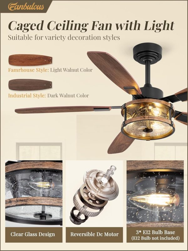 Farmhouse Ceiling Fan with Light and Remote, Black Rustic Flush Mount Ceiling Fans for Bedroom Living Room, Industrial Caged Ceiling Fan for 6 Speed Reversible Motor, 5 Dual Blades