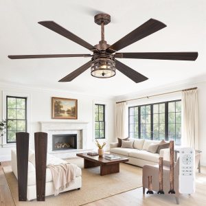 Farmhouse Ceiling Fans with Lights and Remote,Industrial Large Ceiling Fan with 6-Speed Reversible DC Motor and 6 Dual Finish Blades,Black Ceiling Fan with Light for Living bedroom Patio