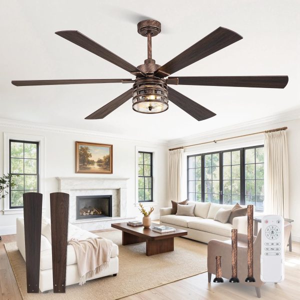 Farmhouse Ceiling Fans with Lights and Remote,Industrial Large Ceiling Fan with 6-Speed Reversible DC Motor and 6 Dual Finish Blades,Black Ceiling Fan with Light for Living bedroom Patio