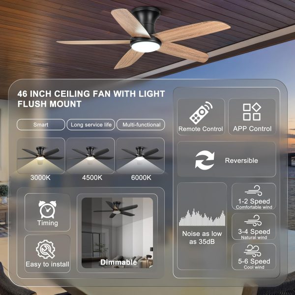 Ceiling Fan with Lights, 46" Flush Mount Ceiling Fans Remote/APP Control - Dimmable, Quiet DC Motor, Indoor Ceiling Fans for Bedroom Kitchen, Black
