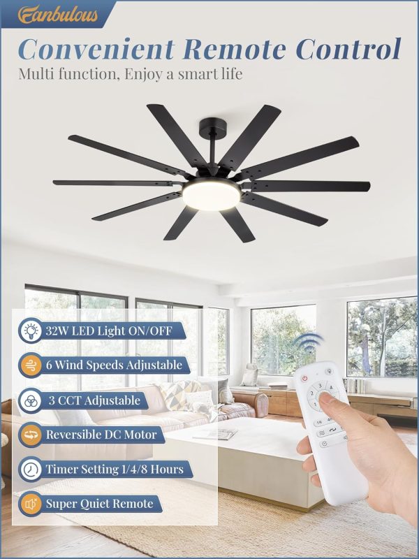 65 inch Large Ceiling Fans with Lights and Remote, Outdoor Black Ceiling Fan with 10 Blades, 32W LED Light 3 CCT, 6 Speed Reversible Quiet DC Motor, Modern Ceiling Fan for Living Room Patio