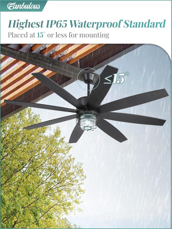 Outdoor Ceiling Fans with Lights and Remote Control, IP65 Wet Rated Waterproof Ceiling Fan with 6-Speed DC Motor, Farmhouse Gazebo Fan for Porch Patios PavilionBlack