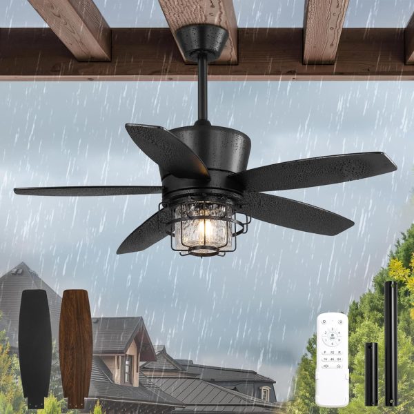 Outdoor Ceiling Fans with Lights and Remote Control,IP65 Wet Rated Waterproof Ceiling Fan with 6-Speed DC Motor, Farmhouse Gazebo Fan for Porch Patios PavilionBlack
