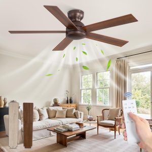 48 Inch Low Profile Ceiling Fan without Lights, Brown Farmhouse Ceiling Fan no Light, 6-Speeds, Quiet Reversible DC Motor, Indoor/Outdoor Ceiling Fans with Remote for Patio, Living Room, Bedroom