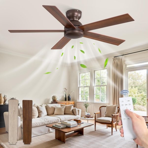 48 Inch Low Profile Ceiling Fan without Lights, Brown Farmhouse Ceiling Fan no Light, 6-Speeds, Quiet Reversible DC Motor, Indoor/Outdoor Ceiling Fans with Remote for Patio, Living Room, Bedroom