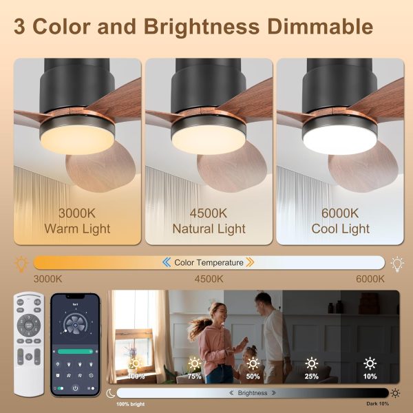 Low Profile Ceiling Fans with Lights, Remote/App Control, Dimmable, Quiet Indoor/Outdoor Ceiling Fan for Covered Patio, Bedroom, Kitchen, Walnut Color