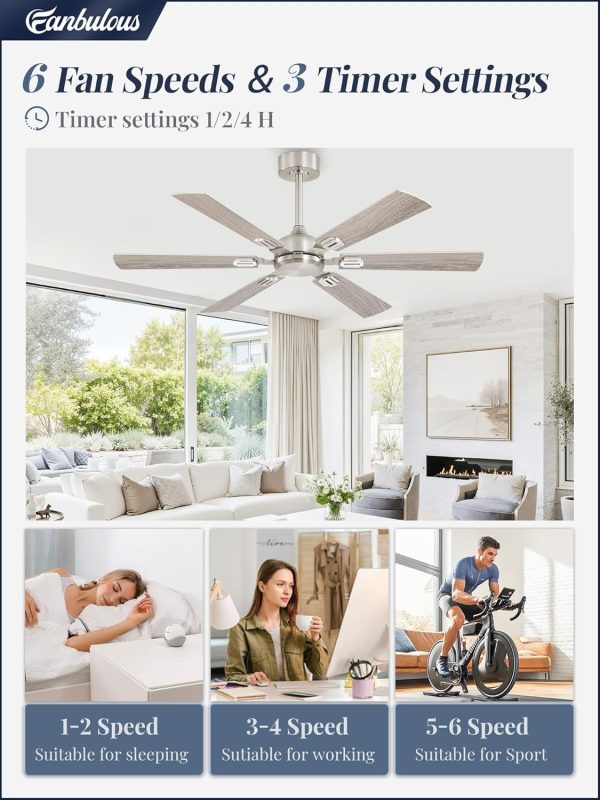 52 Inch Ceiling Fans No Light with Remote, Modern Ceiling Fan Without Light, Dual Finish 6 Blades, Reversible Quiet DC Motor, 6 Speed, Large Ceiling Fan for Indoor or Covered Outdoor, Nickel
