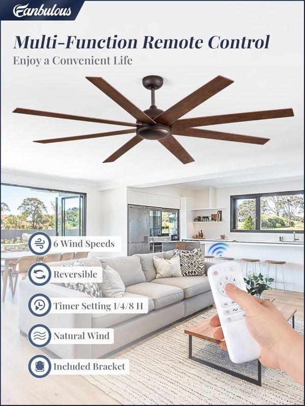 72 Inch large Ceiling Fan without Light, Brown Farmhouse Ceiling Fan with Remote, 6-Speeds, Quiet Reversible DC Motor, Indoor/Outdoor Ceiling Fans no Light for Living Room, Garage, Patio