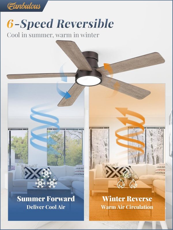 48 Inch Ceiling Fans with Lights and Remote,Outdoor Indoor Modern Flush Mount Ceiling Fan with 3CCT 6-Speed Quiet DC Motor,Small Low Profile Ceiling Fan for Bedroom Living Room Office(Oil Bronze)