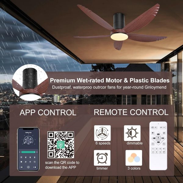 58 Inch Ceiling Fan with Lights Flush Mount Ceiling Fans Remote & APP Control Dimmable Indoor Outdoor Quiet DC Flush Mount Ceiling Fan for Patios, Living Room, Bedroom, Dining Room