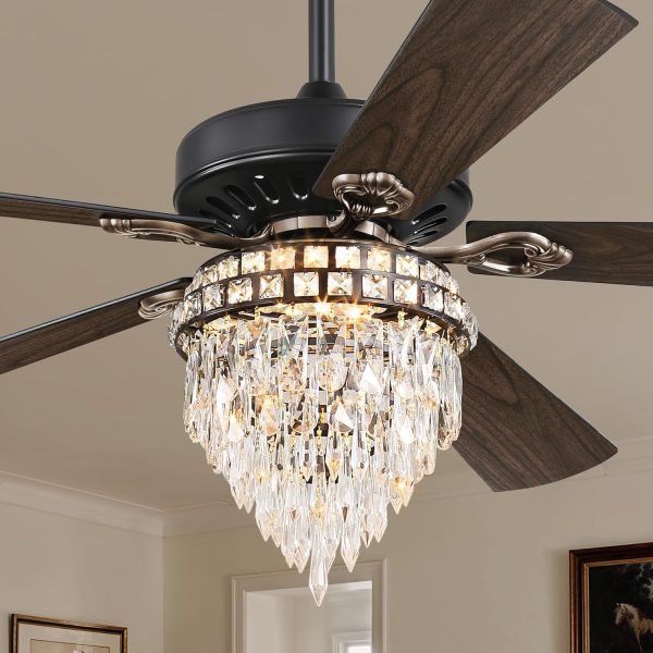 60 Inch Farmhouse Fandelier Ceiling Fans with Light, Crystal Ceiling Fan Chandelier with 6 Speeds, Quiet Reversible Noiseless DC Motor, 3CCT, Indoor Ceiling Fan for Living Room Bedroom