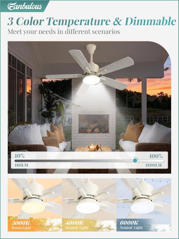 Outdoor Ceiling Fans with Light for Patios, IP65 Waterproof Gazebo Fan, Plug in Ceiling Fan with Remote, 3CCT 6-Speed White Ceiling Fan with Hanging Hook for Porch, Pergola,Canopy