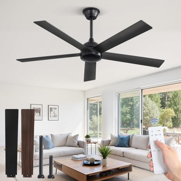 52 Inch Ceiling Fans No Light with Remote, Black Indoor/Outdoor Ceiling Fan Without Light with Quiet Reversible DC Motor, 6 Speeds, 5 Blades Modern Ceiling Fan for Living Room Bedroom Patio
