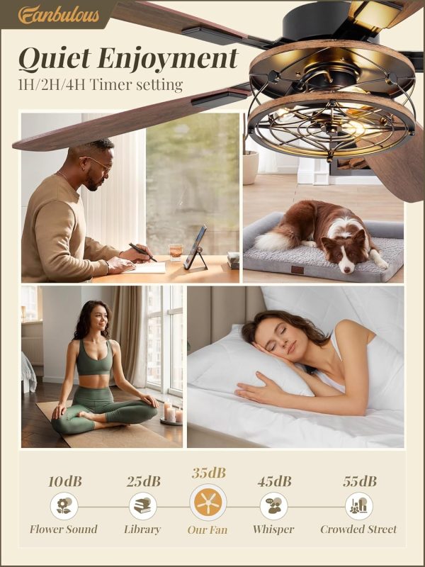 52 Inch Farmhouse Ceiling Fan with Light and Remote, Black Industrial Caged Flush Mount Ceiling Fans with 6 Speed Reversible Motor and Dual Finish 5 Blades, Rustic Ceiling Fan for Living room, Bedroom