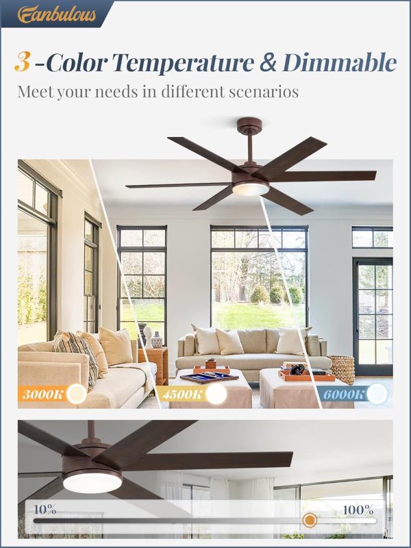 56 Inch Ceiling Fans with Lights and Remote, Reversible 6 Blades, Dimmable, 3000K-6000K Adjustable, Outdoor Ceiling Fans for Patios, Large Ceiling Fan for Indoor or Covered Outdoor-Brown