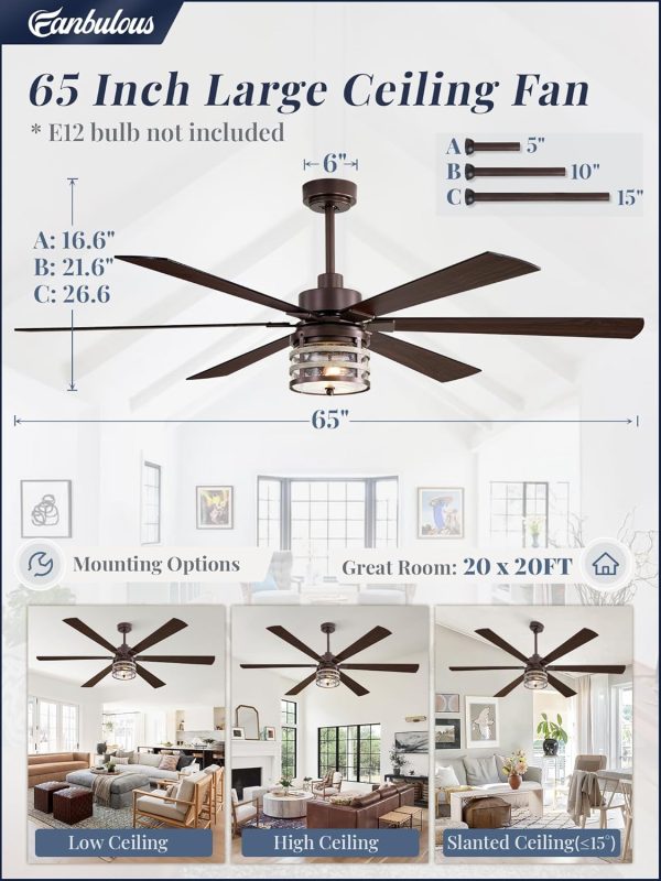 65 Inch Farmhouse Ceiling Fans with Lights and Remote,Industrial Large Ceiling Fan with 6-Speed Reversible DC Motor and 6 Dual Finish Blades,Oil Bronze Ceiling Fan with Light for Living Bedroom Patio