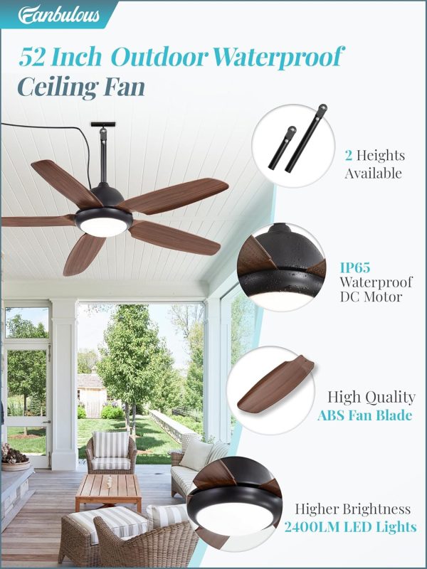 52 Inch Wet Rated Outdoor Ceiling Fan with Lights and Remote,IP65 Hanging Gazebo Fan with 3CCT 6-Speed DC Motor,Brown Waterproof Plug in Ceiling Fan with Cord for Patios Porch Pergola Pavilion