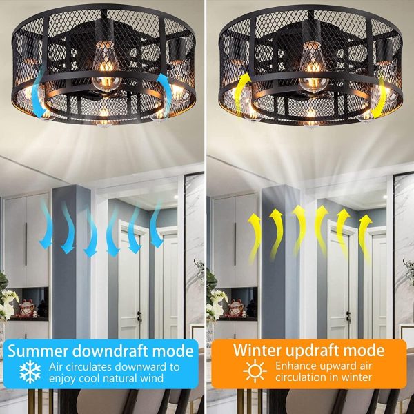 Cage Ceiling Fan with Light - 21'' Farmhouse Flush Mount Ceiling Fan Remote Control, Small Bladeless Caged Ceiling Fan for Kitchen Bedroom