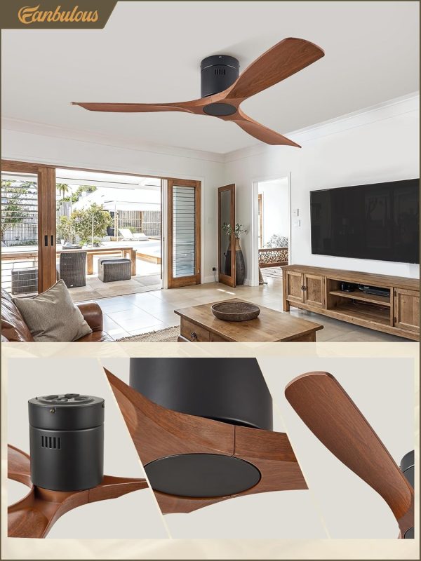 Ceiling Fans without Lights, Flush Mount Ceiling Fan with Remote Control Modern,Low Profile Ceiling Fans with 6-Speeds Reversible DC Motor for Patio Living Room Bedroom(Walnut)