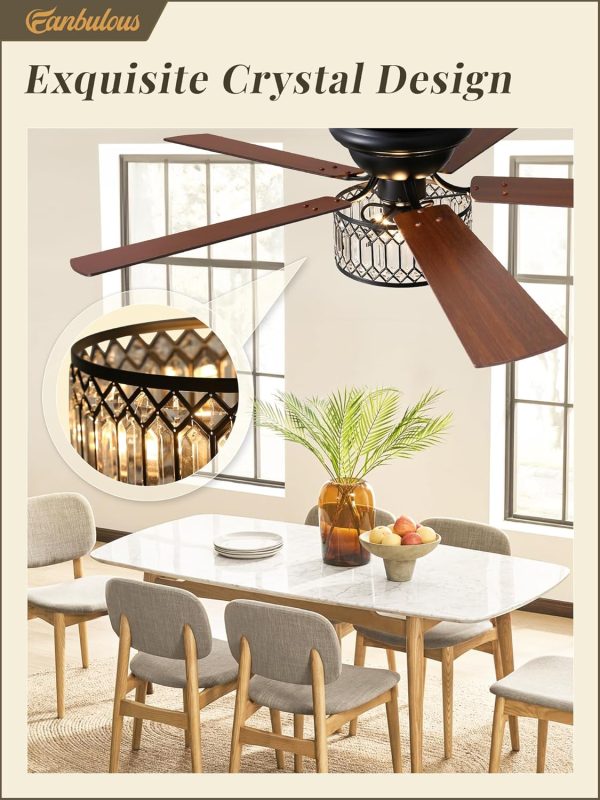 56 Inch Low Profile Chandelier Ceiling Fan with Light, Crystal Ceiling fan with Lights, 6-Speeds, Quiet Reversible DC Motor, Black Flush Mount Ceiling Fans with Remote for Bedroom, Living Room