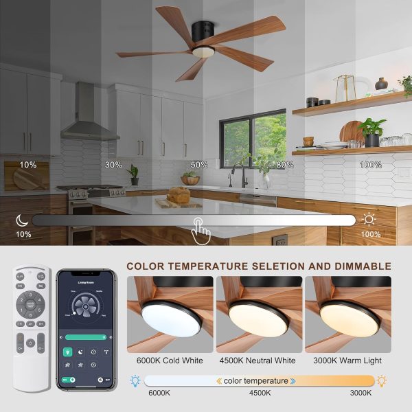 52 Flush Mount Farmhouse Ceiling Fan with Lights, Remote & APP Control Low Profile Indoor Outdoor Ceiling Fans, Dimmable, Quiet DC Motor, Reversible, Black+Wood Color