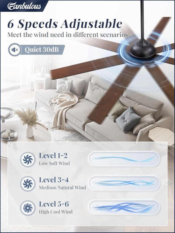 62 Inch Large Ceiling Fan no Light, Ceiling Fan Black with Remote, 6-Speeds, Quiet Reversible DC Motor, 8 Blades, Indoor/Outdoor Modern Ceiling Fans for Living Room, Garage, Patio