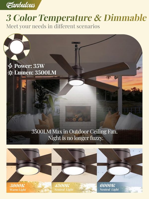 52 In Outdoor Ceiling Fan Hanging Fan Outdoor Ceiling Fans, Waterproof, with Light, Remote, 52 In, Wet Rated, IP65, 6 Speed, 3CCT, Plug in, for Patios, Porch, Gazebo, Oil-Bronze