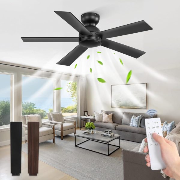 42 Inch Flush Mount Ceiling Fans without Lights, Small Black Ceiling Fan with Remote, 6-Speeds, Quiet Reversible DC Motor, Indoor/Outdoor Ceiling Fan for Patio, Living Room, Bedroom