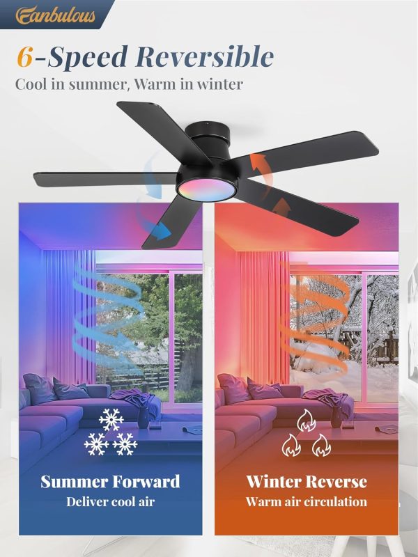48 Inch Ceiling Fans with Lights and Remote,Indoor Modern Flush Mount Ceiling Fan with 3CCT 6-Speed Quiet DC Motor,Small Low Profile Ceiling Fan for Bedroom Living Room Office(Black RGB)
