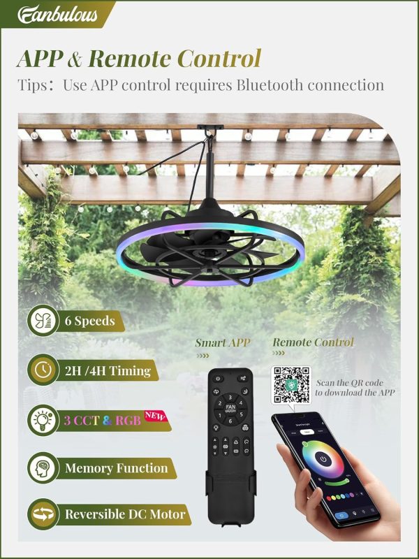 Outdoor RGB Ceiling Fans with Light for Patios, 24" Waterproof Plug in Ceiling Fan, Gazebo Fan Remote&APP Control, 3CCT Dimmable,Caged Ceiling Fan with Hanging Hook for Porch, Pergola
