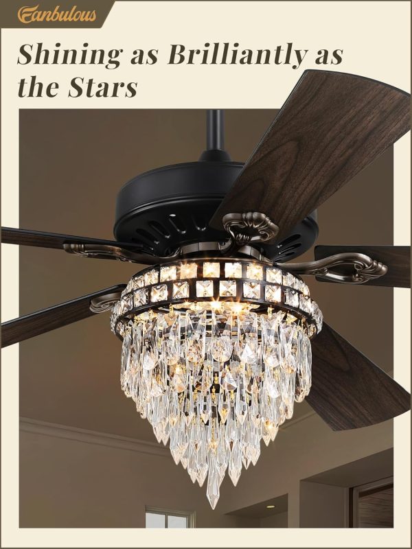 60 Inch Farmhouse Fandelier Ceiling Fans with Light, Crystal Ceiling Fan Chandelier with 6 Speeds, Quiet Reversible Noiseless DC Motor, 3CCT, Indoor Ceiling Fan for Living Room Bedroom