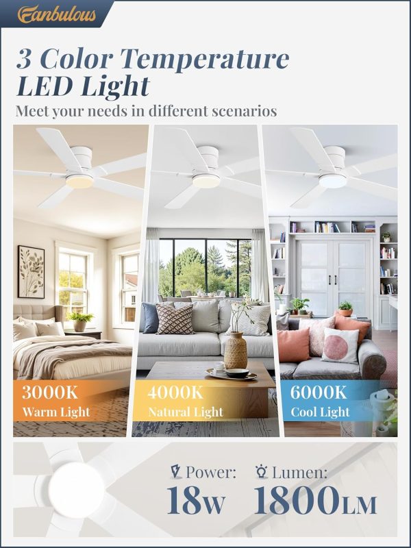 Ceiling Fans with Lights and Remote, 52 inch Low Profile Flush Mount Ceiling Fan,White Modern Ceiling Fan with LED Light for Bedroom Indoor Outdoor-5 Reversible blades, 3CCT, 6 Speeds, Timer