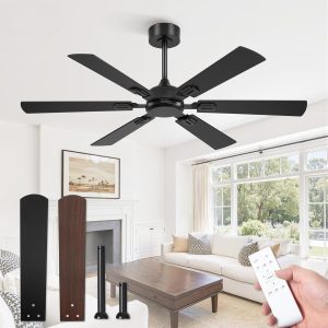 52 Inch Ceiling Fans No Light with Remote, Modern Ceiling Fan Without Light, Dual Finish 6 Blades, Reversible Quiet DC Motor, 6 Speed, Large Ceiling Fan for Indoor or Covered Outdoor, Black