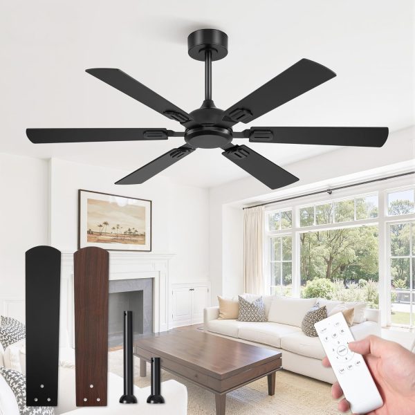 52 Inch Ceiling Fans No Light with Remote, Modern Ceiling Fan Without Light, Dual Finish 6 Blades, Reversible Quiet DC Motor, 6 Speed, Large Ceiling Fan for Indoor or Covered Outdoor, Black