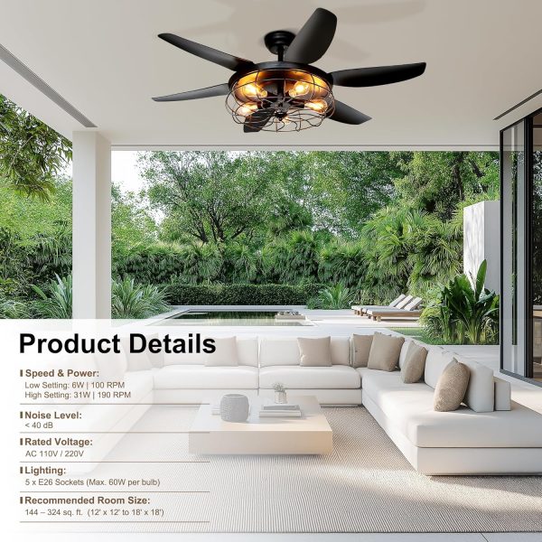 Ceiling Fans with Lights and Remote - 52 Inch Farmhouse Ceiling Fan with Caged Light Fixture - Black Industrial Outdoor Ceiling Fan Lights for Patio, Living Room, Kitchen & Bedroom