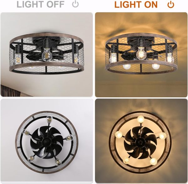 Flush Mount Caged Ceiling Fan with Lights Remote Control, Farmhouse Rustic Low Profile Small Vintage Enclosed Ceiling Fan Lighting Fixture Bedroom Dining Room