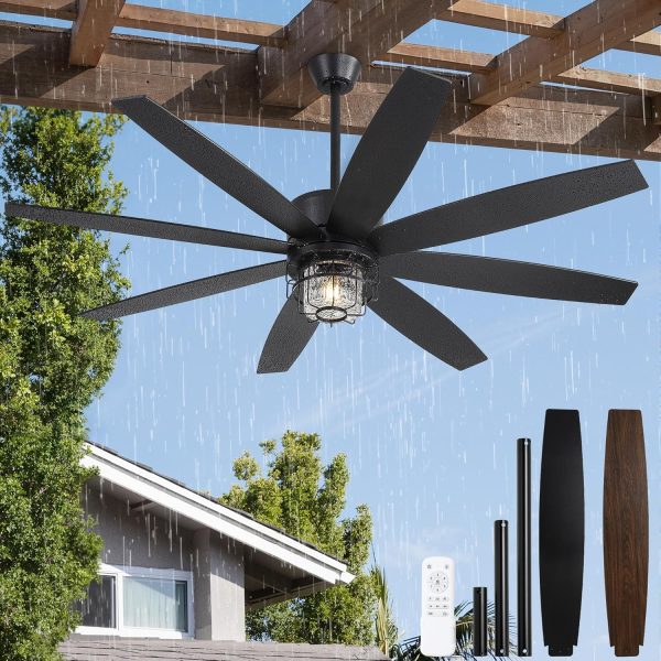 Outdoor Ceiling Fans with Lights and Remote Control, IP65 Wet Rated Waterproof Ceiling Fan with 6-Speed DC Motor, Farmhouse Gazebo Fan for Porch Patios PavilionBlack