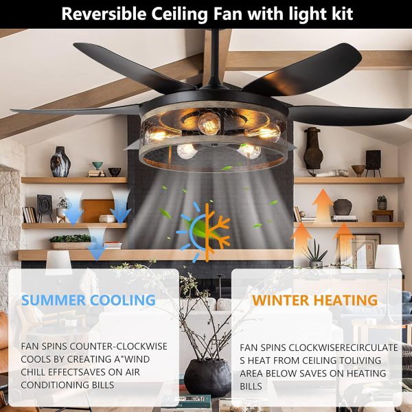 Farmhouse Ceiling Fan with Lights and Remote,52 inch Rustic Ceiling Fan with Caged Light Fixture, Retro Black Outdoor Ceiling Fans for Patio,Living Room,Dining Room,Bedroom